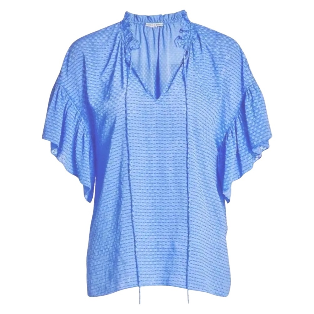 ALICE + OLIVIA Julius Ruffle Peasant Blouse Blue Top Solid Swiss
Dot‎ Ties - Picture 12 of 16